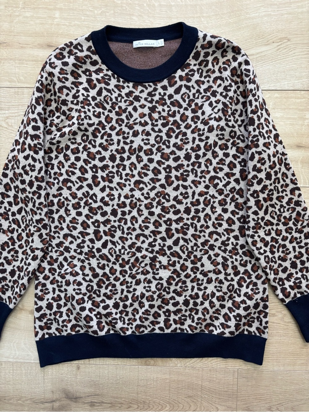 Peter Millar Super Fine Merino Wool Leopard Crewneck Sweater Navy Classic Preppy